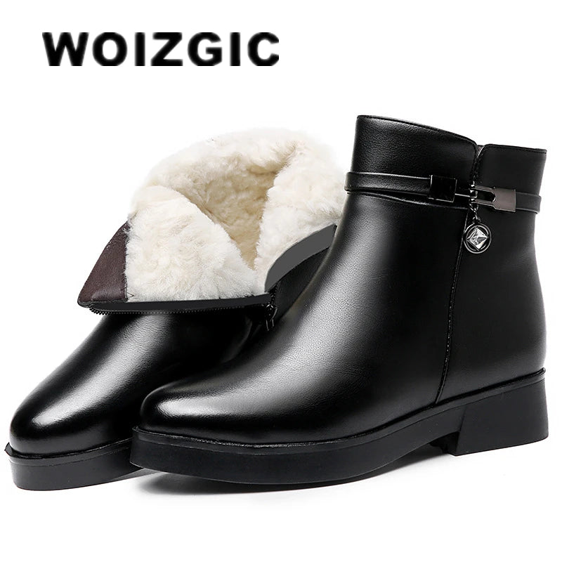 WOIZGIC Women Mother Female Ladies Genuine Leather Ankle Shoes Boots Platform Wool Plush Warm Fur Winter Zipper Plus Size 42 43