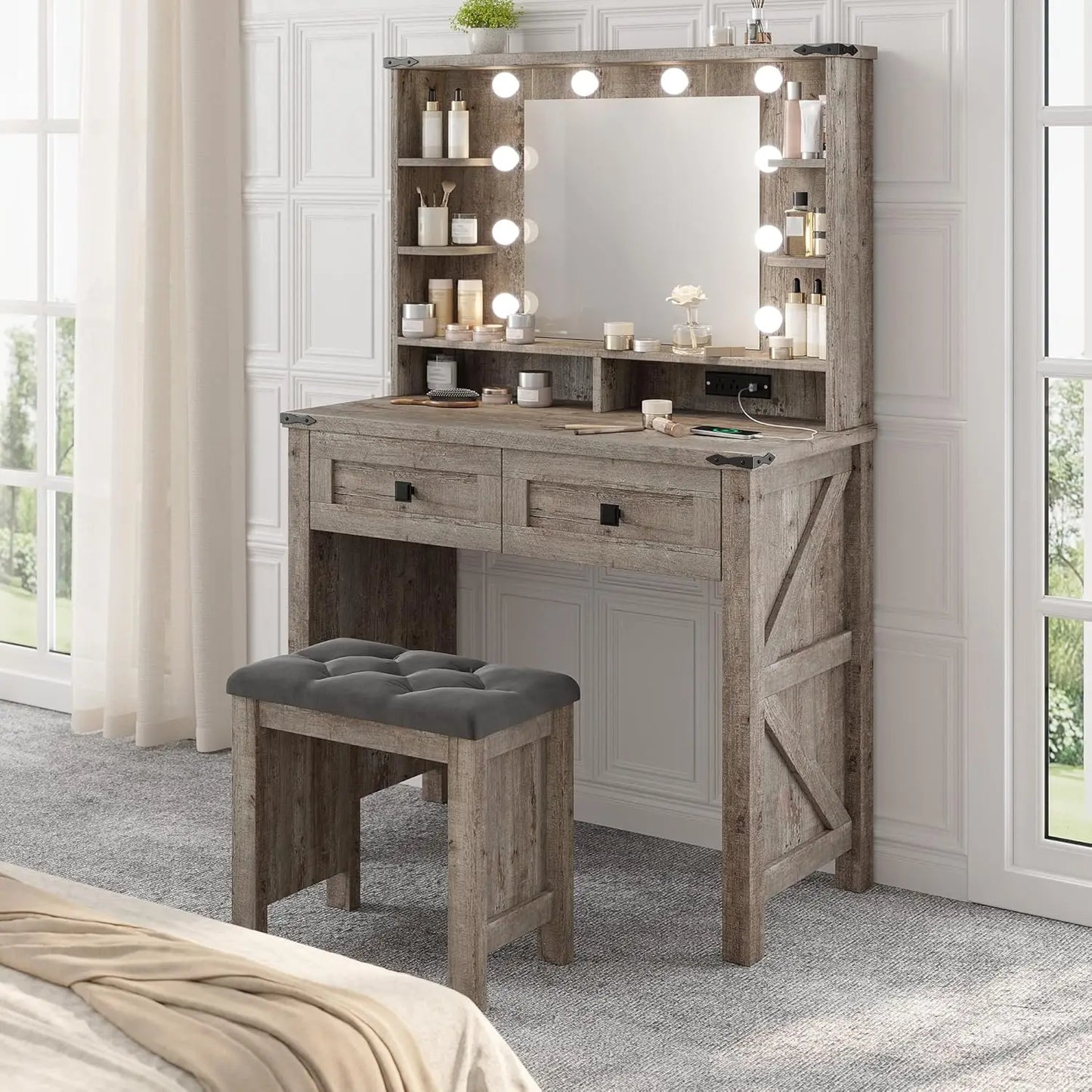 Vanity Desk with Mirror and Lights 31.5" W Farmhouse Makeup Vanity Desk with Charging Station, Stool Not Included, Vanity Table