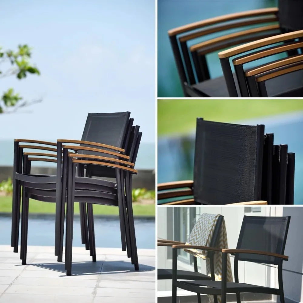 9Piece Patio Dining Set, Table and Sling Black Chairs| Durable, Ideal for Outdoors,Light Brown-Teak Finish,Garden Furniture Sets