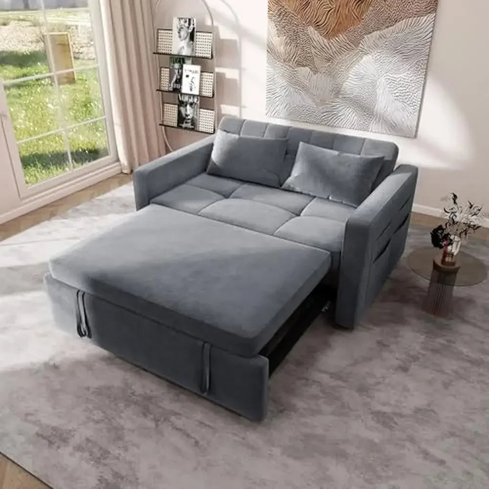 Velvet Sleeper Sofa Bed 3-in-1 Futon with Reclining Backrest Side Pocket Plush Comfort Modern Convertible 55" Sofa