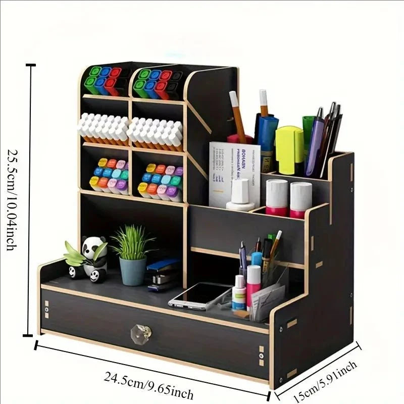 Wooden Desk Organizer With Drawers Pen Holder Multi-Functional Organizers Stationery Office Storage Accessories School Supplies