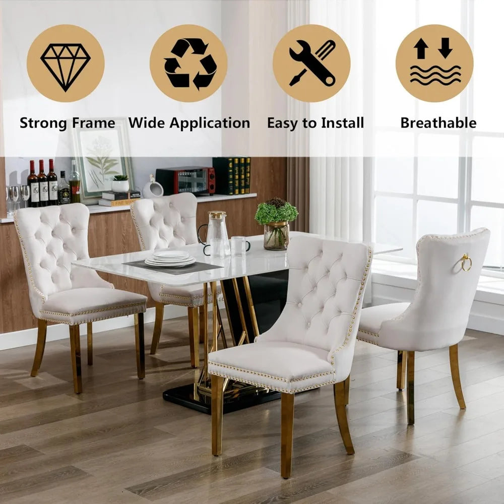 Velvet Dining Chairs Set of 6, Tufted Nailhead Accent Dining Room Chairs with Pull Ring Gold Stainless Steel Legs, free shipping