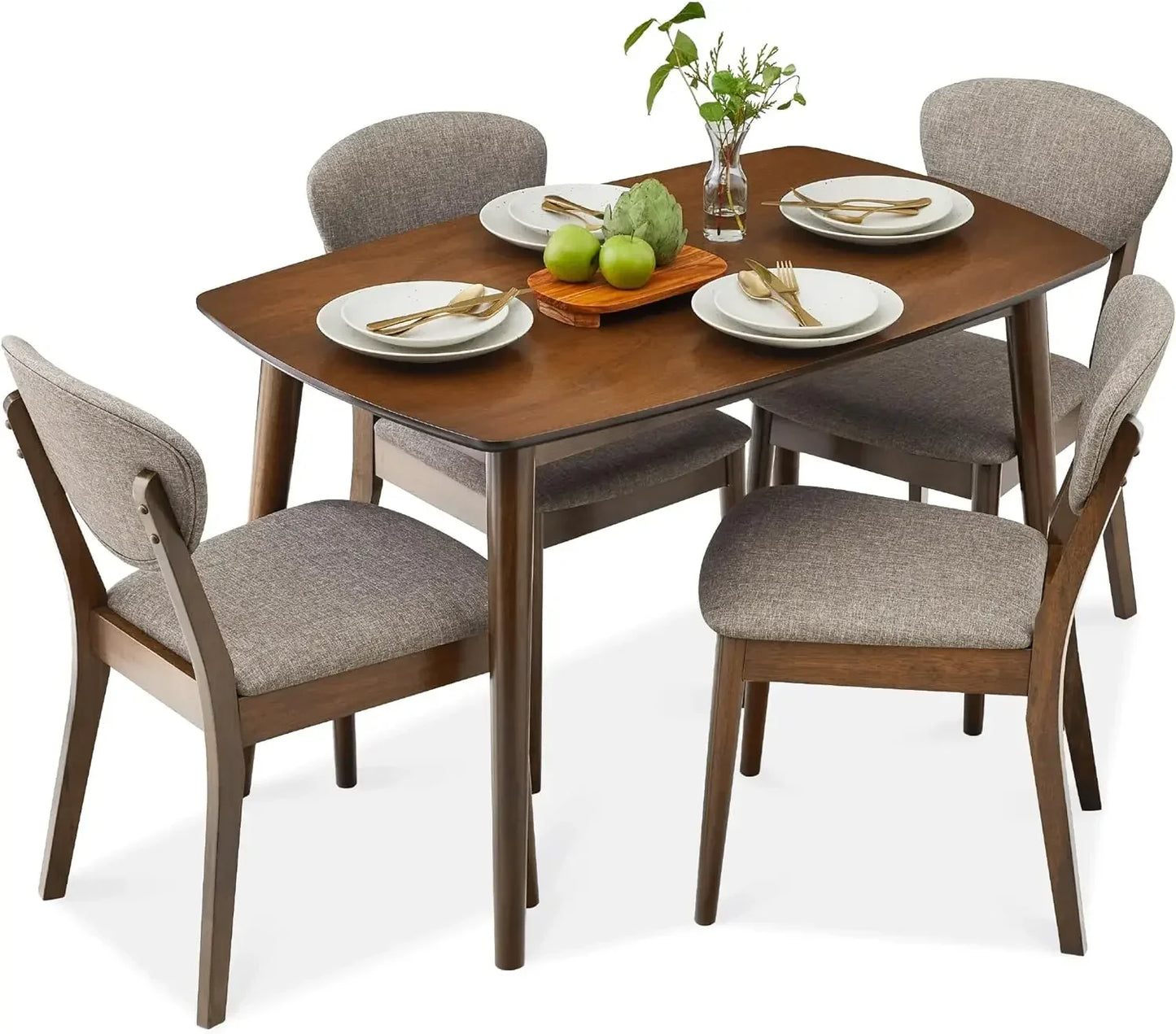 5-Piece Dining Set, Compact Mid-Century Modern Table & Chair Set for Home, Apartment w/ 4 Chairs, Padded Seats & Backrests