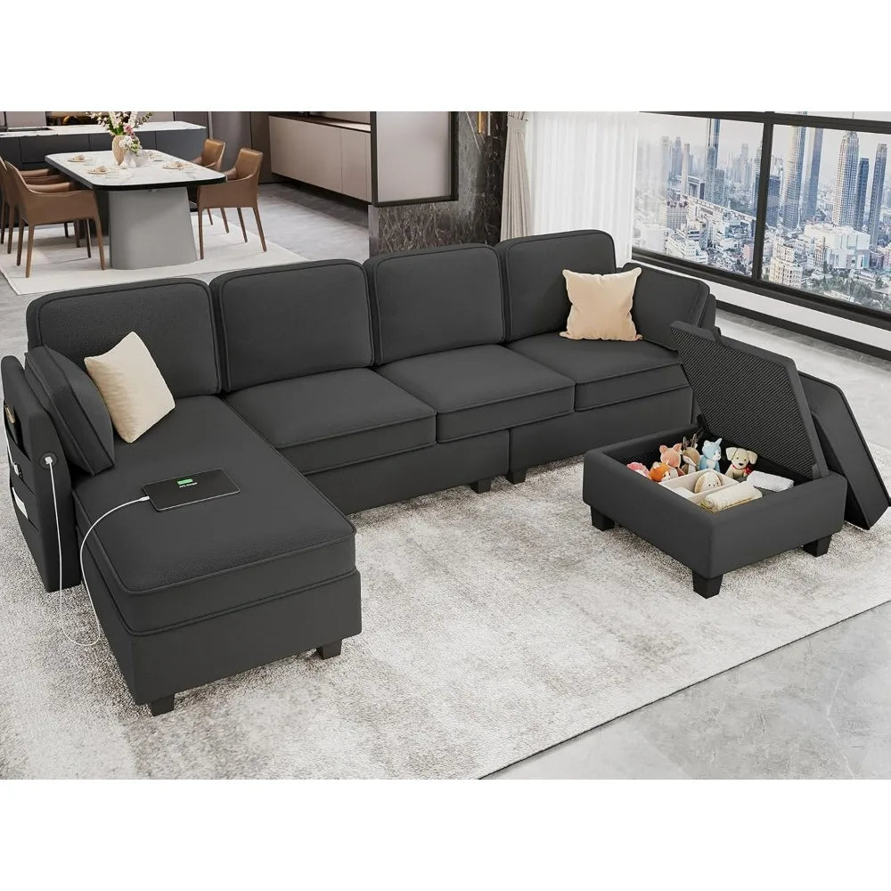 Couch Living Room Sofa Sectional Couches for Living Room Linen Fabric Modular Sofa With Pockets Dark Grey 2 Pillows Sofas Modern