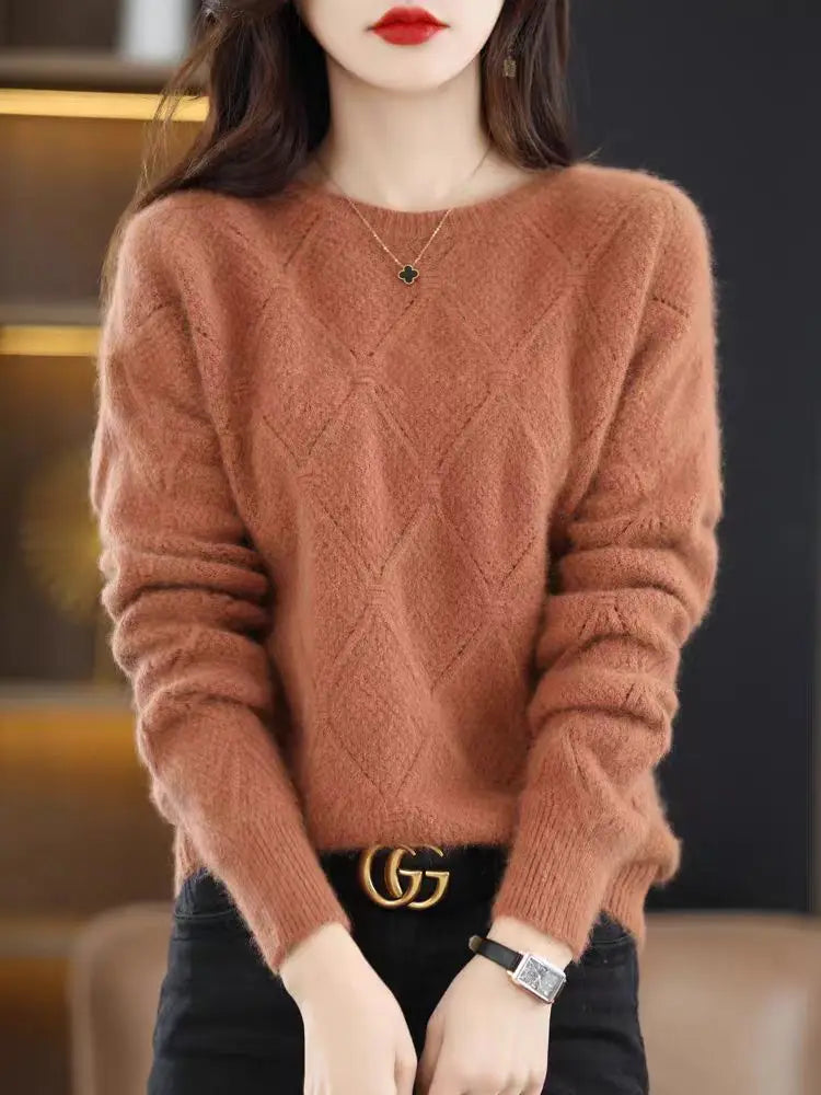 100% Mink cashmere sweater Women's knitting sweater O-neck long sleeve pullover Autumn and winter clothing warm top