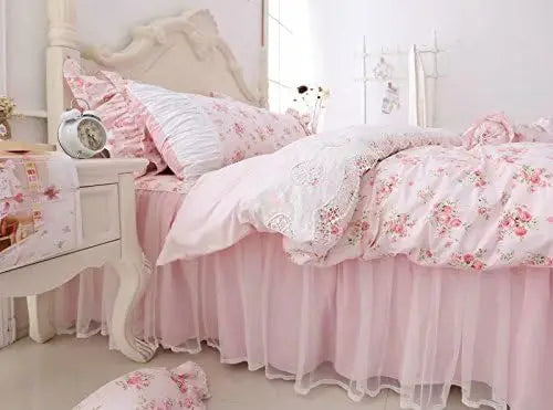 Romantic Roses Print Duvet Cover Set with Bed Skirt Pink Lace Ruffle Floral Shabby Chic Bedding Sets Queen 4 Piece