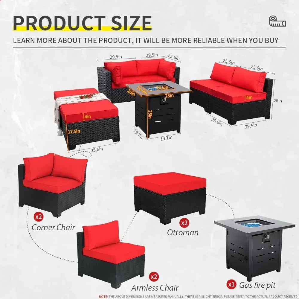 7 Pieces Outdoor PE Wicker Furniture Set Patio Rattan Sectional Conversation Sofa Set with Red Cushions and Fire Pit Table