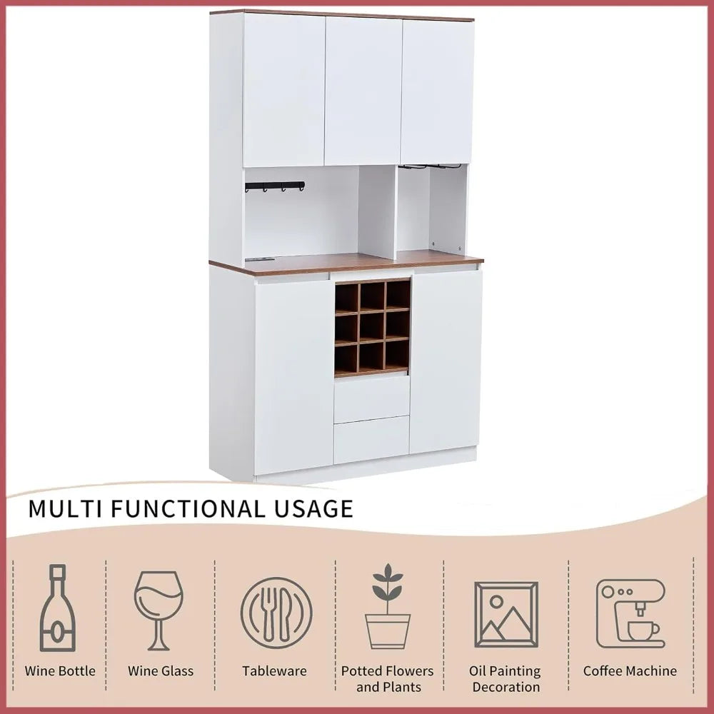 Modern Farmhouse Wine Coffee Bar Cabinet,69 Inch Tall Kitchen Pantry Cabinet Sideboard Buffet Storage Cabinet for Dining Room