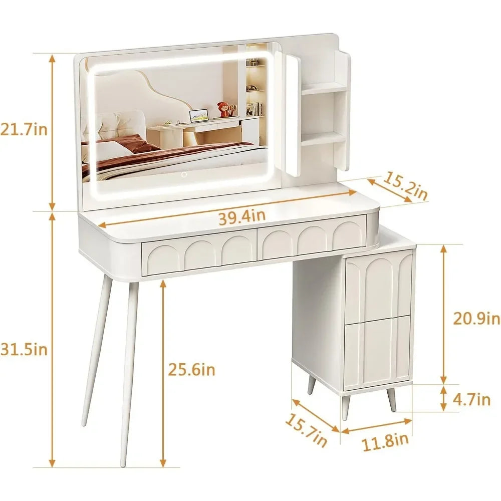 Vanity Desk with Lights and Mirror, Make Up Table with Lighted Mirror and 4 Drawers, Vanity Desk