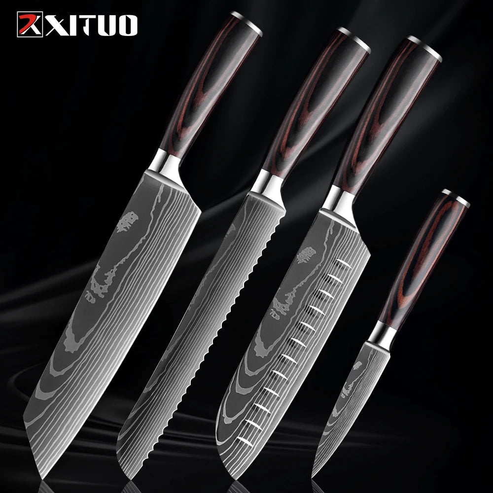 XITUO Kitchen Knife Set 1-9PCS,7Cr17Mov Stainless Steel Sharp Chef Knife Santoku Knife Fruit knife Ergonomic Pakkawood Handle