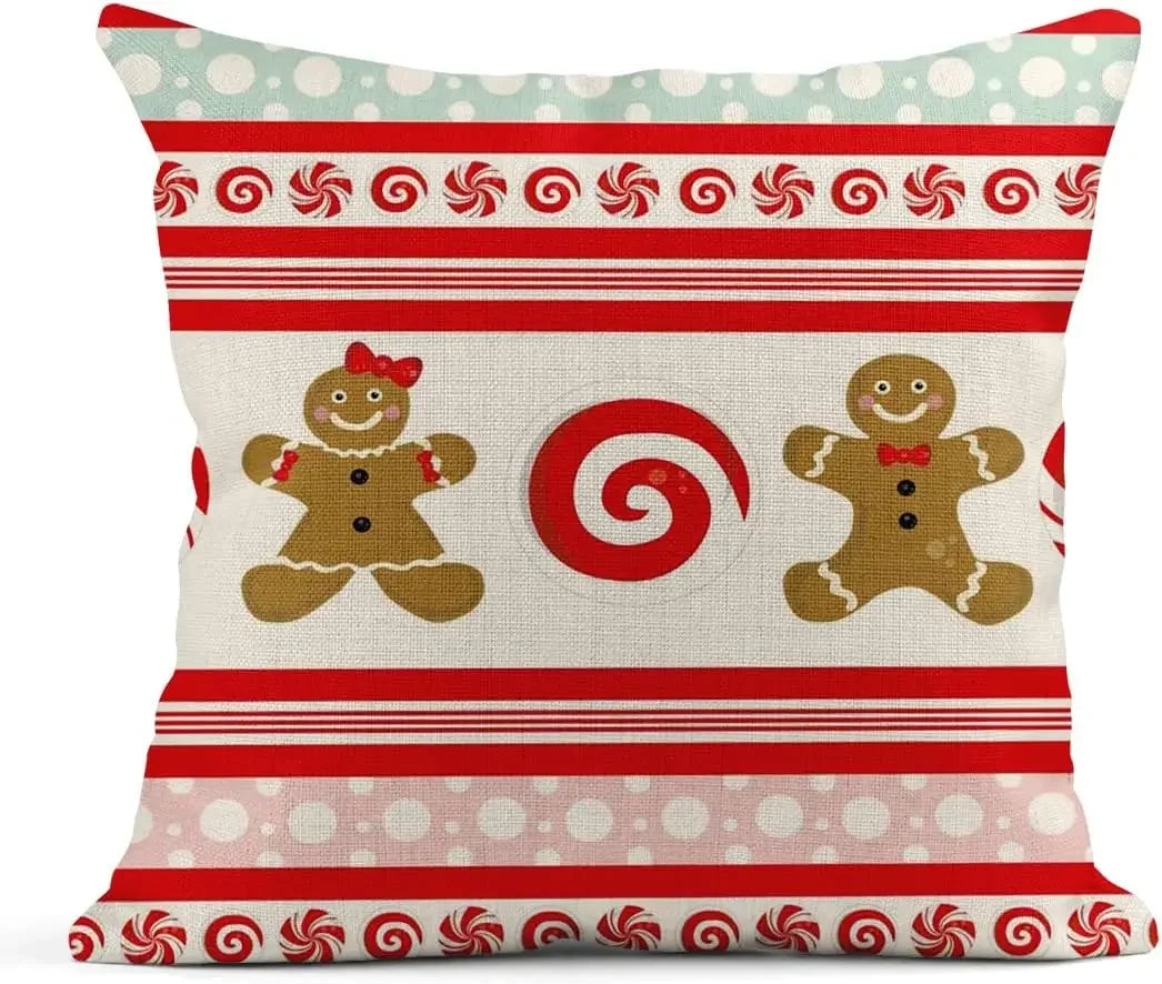 Throw Pillowcase Red and White Candy Cane Gingerbread Man Square Linen Home Decoration Cushion Cover Sofa 45x45 pillow case