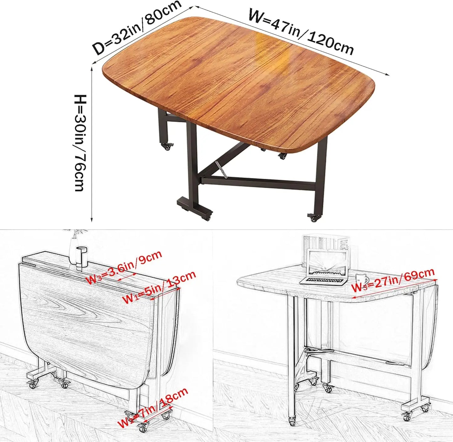 Table Drop Leaf Dining Table - 47" Solid Wooden Kitchen Table with 6 Wheels (Brown)