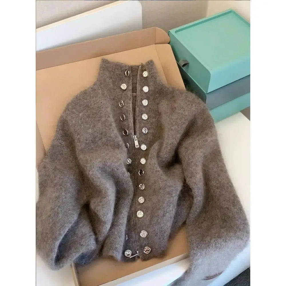 Luxury Fluffy Knitted Cardigans Sweater Design Double Breasted Sweater Coat Women Autumn Winter High-end Lazy Zipper Knit Top