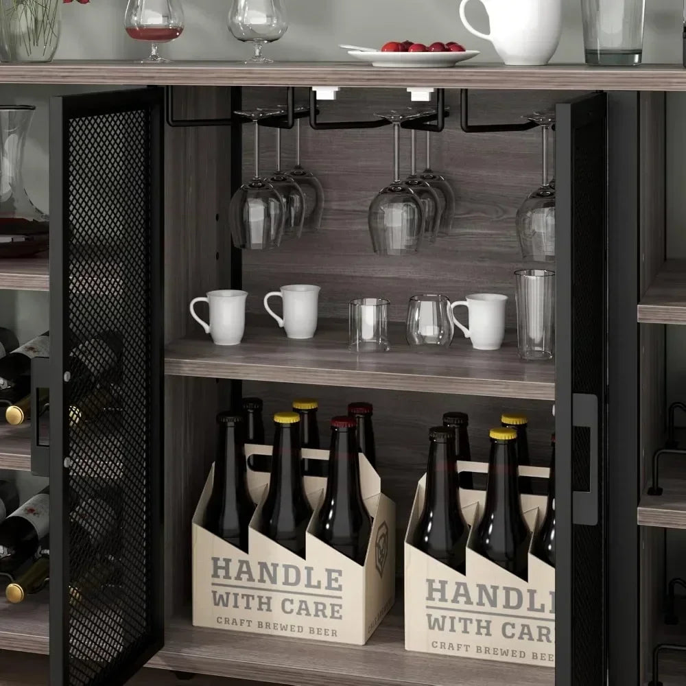 Wine Bar Cabinet, 55 Inches Industry Coffee Bar Cabinet with Wine Rack and Glass Holder, Kitchen Sideboard Buffet Cabinet