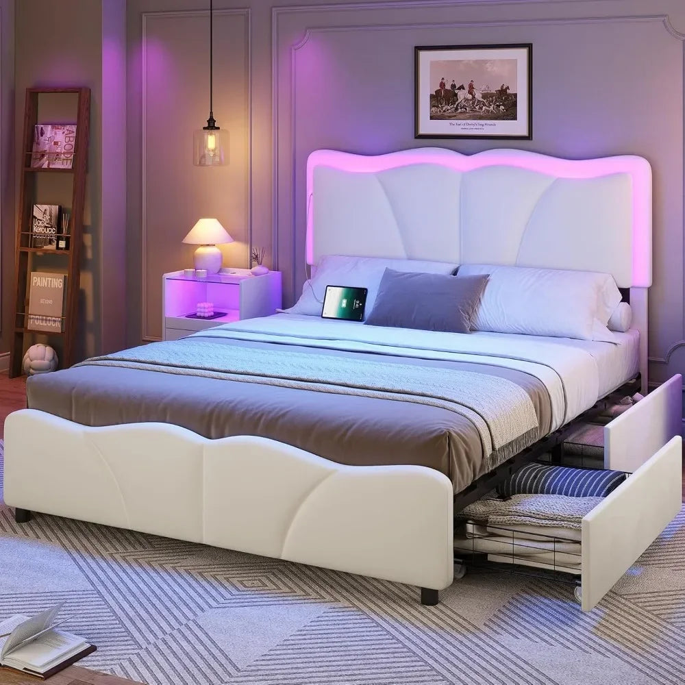 Queen Bed Frame with 4 Storage Drawers and LED Lights, Velvet Upholstered Platform Bed Frame with Height Adjustable Headboard