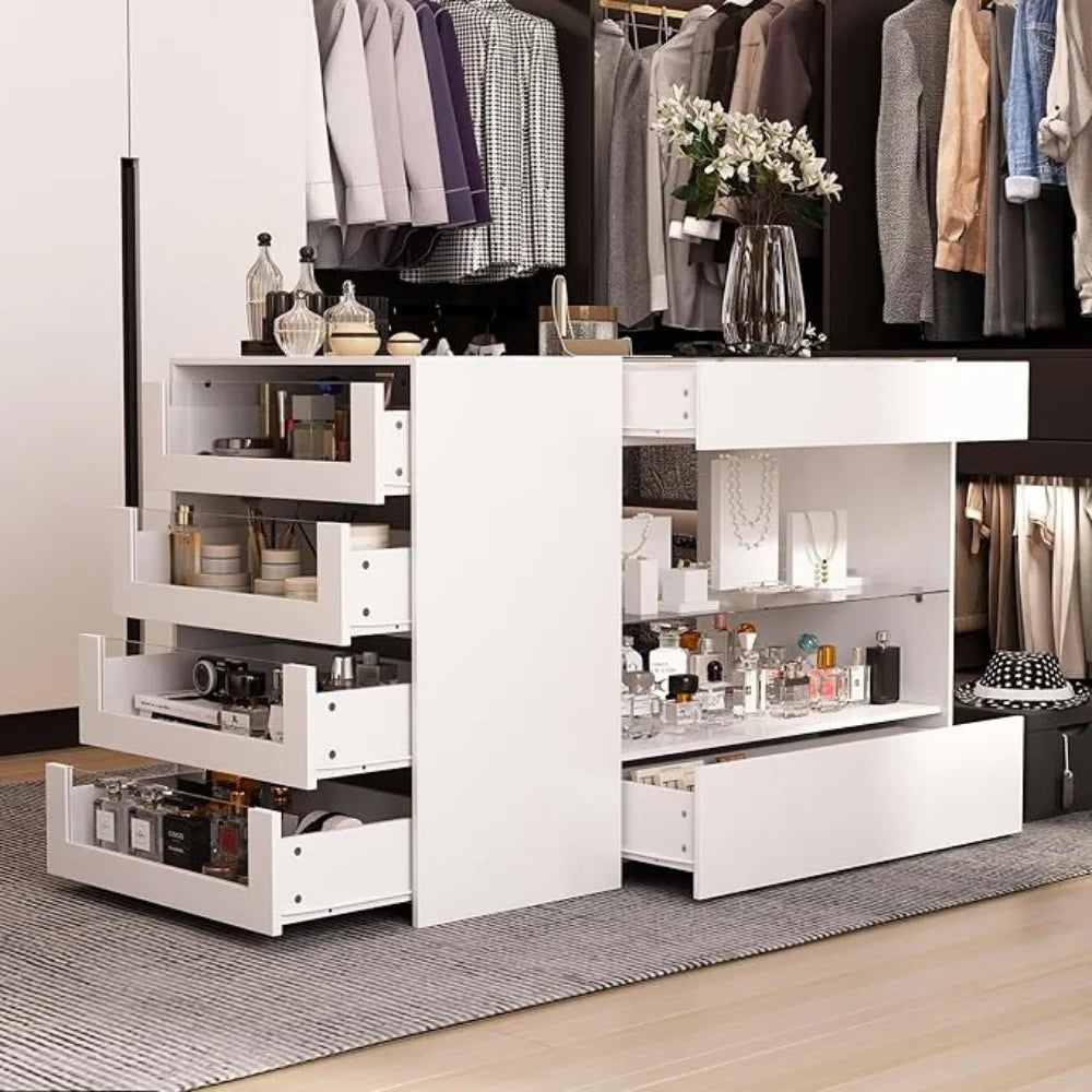 Wardrobe  Armoire Bedroom Island, Glass Tabletop & Storage Organizer, Wardrobe Closet with 7 Drawers and 2-Tier Shelf