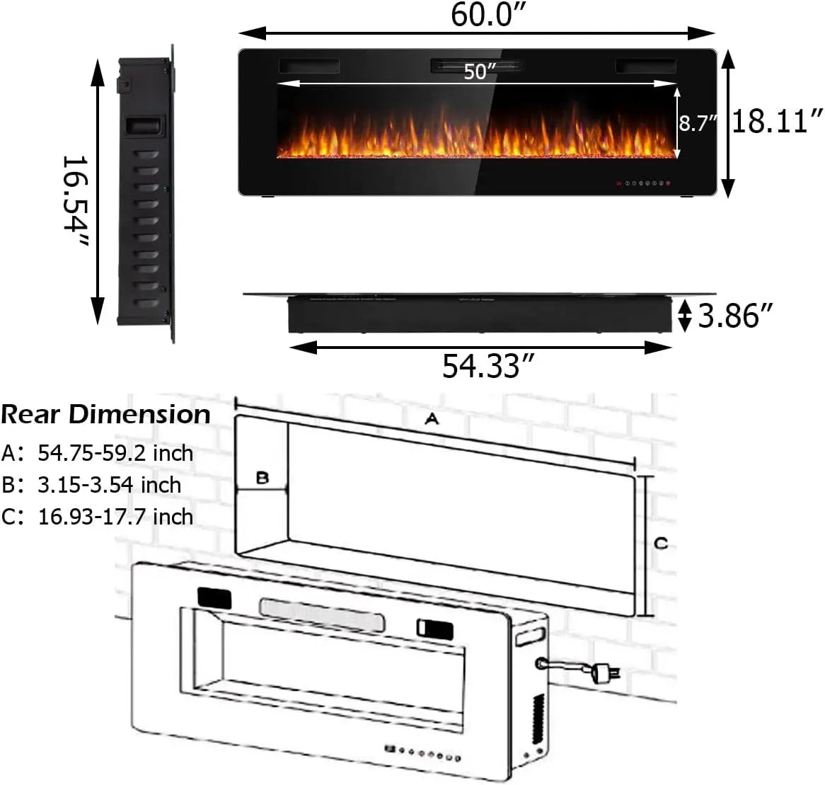 Tangkula 60 Inches Recessed Electric Fireplace, in-Wall & Wall Mounted Electric Heater with Adjustable Flame Color & Speed,