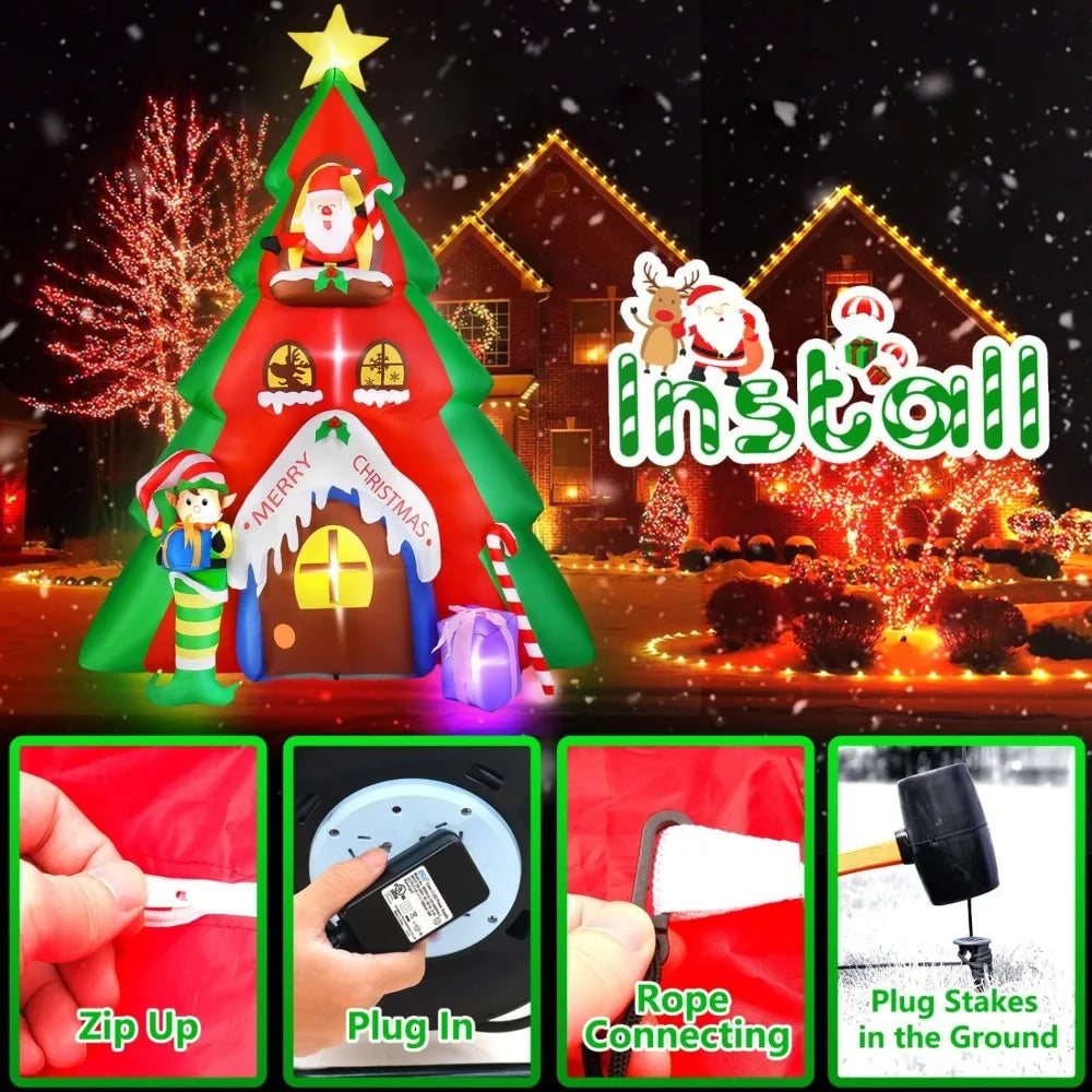 10FT Inflatable Christmas Tree & Santa Claus House Decoration, Christmas Blow up Santa Decoration with Lights for Outdoor Indoor