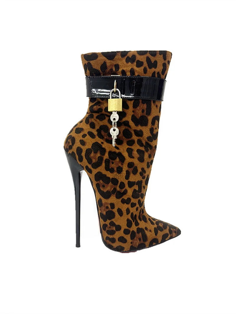 FHC 2024 New 16cm High Heels Women Leopard Short Boots,Flock Booties,Ankle Botas With Locks,Pointed Toe,Side Zip,Custom Colors