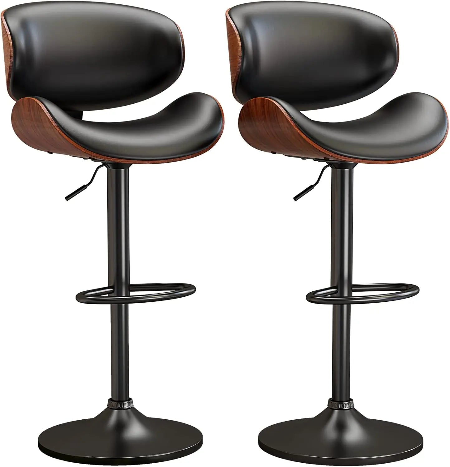 Swivel Bar Stools Set of 2, Adjustable Bentwood Barstools with Back and Footrest, Modern PU Leather Upholstered Bar Chair