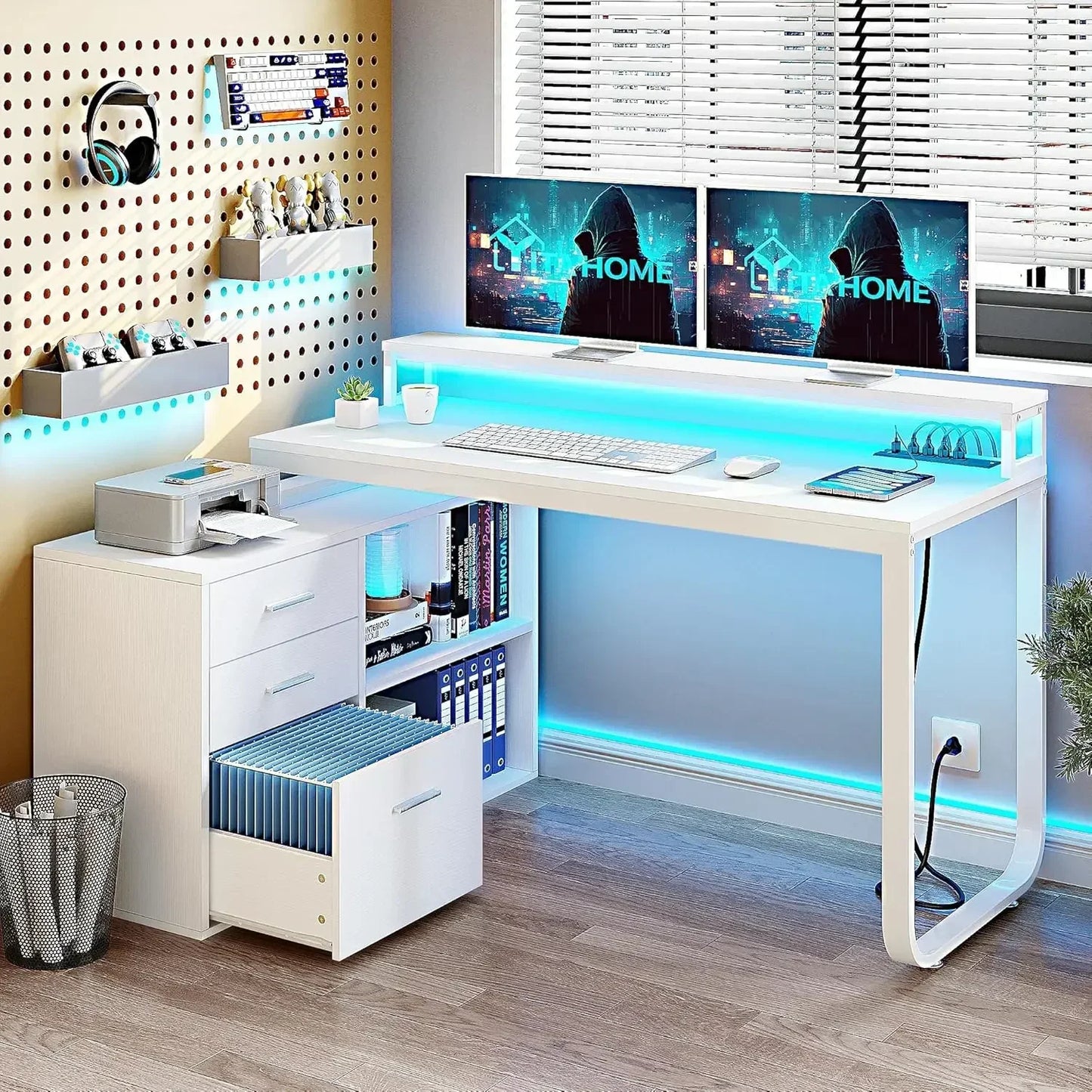 YITAHOME L Shaped Desk with Power Outlets & LED Lights & File Cabinet, 55" Corner Computer Desk with 3 Drawers and 2 Storage She