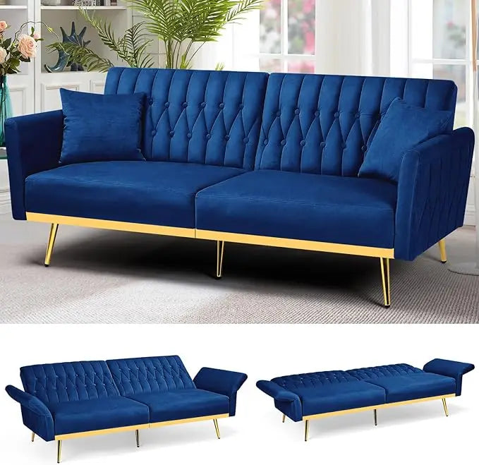 Velvet Futon Sofa Bed with 2 Pillows and Adjustable Armrests, Convertible Sleeper Bed, Living Room Sofa