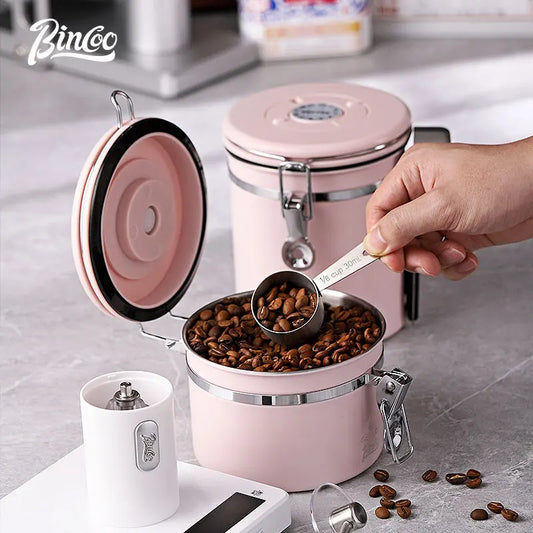 Bincoo coffee bean seal can unidirectional exhaust pink 304 stainless steel storage can holding coffee powder container snap