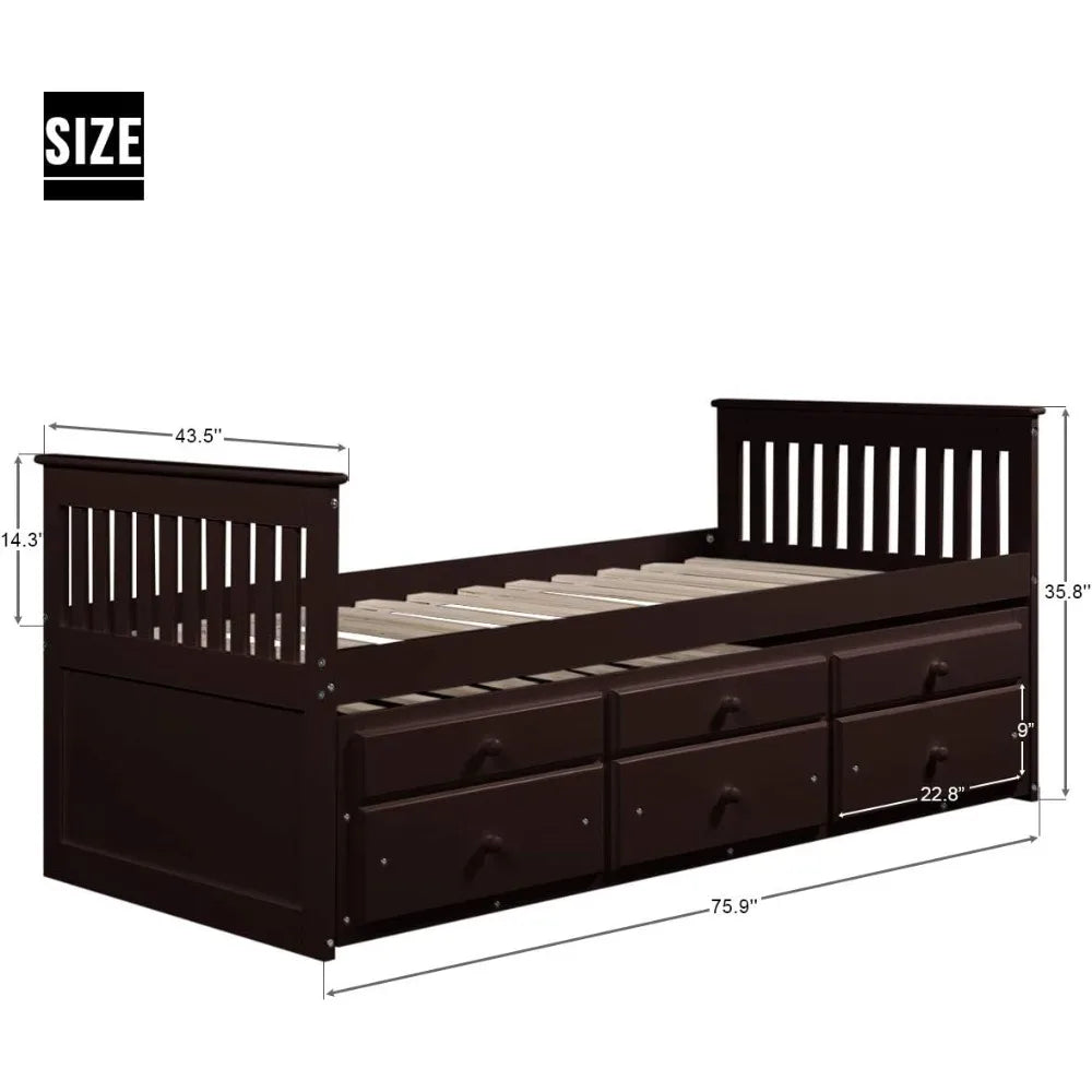 Twin Captain’s Bed Storage daybed with Trundle and Drawers for Kids Guests (Espresso)