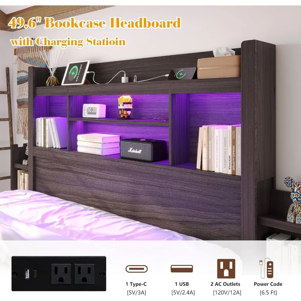 Queen Bed Frame with Bookcase Headboard & 2 Bedside Stoage Racks & 4 Drawers, Wood Bed Frame with RGB LED & Charging Station