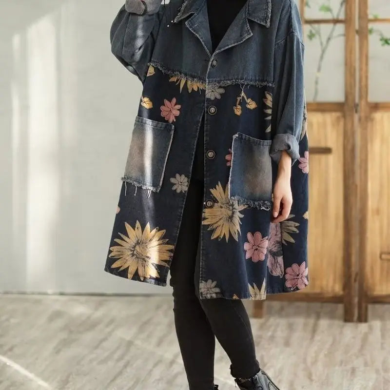 2024 New Arrival Autumn Women Turn-down Collar Casual Long Trench Vintage Floral Print Single Breasted Cotton Denim Coat D333