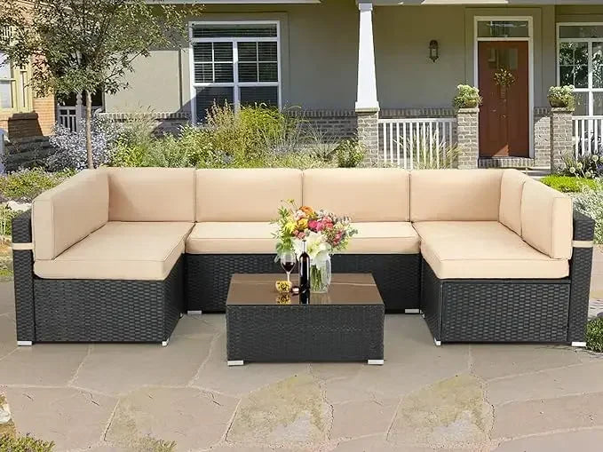 7 Pieces Patio Furniture Set, Modular Patio Set Wicker Outdoor Sectional Sofa Set PE Rattan Wicker Patio Conversation Set