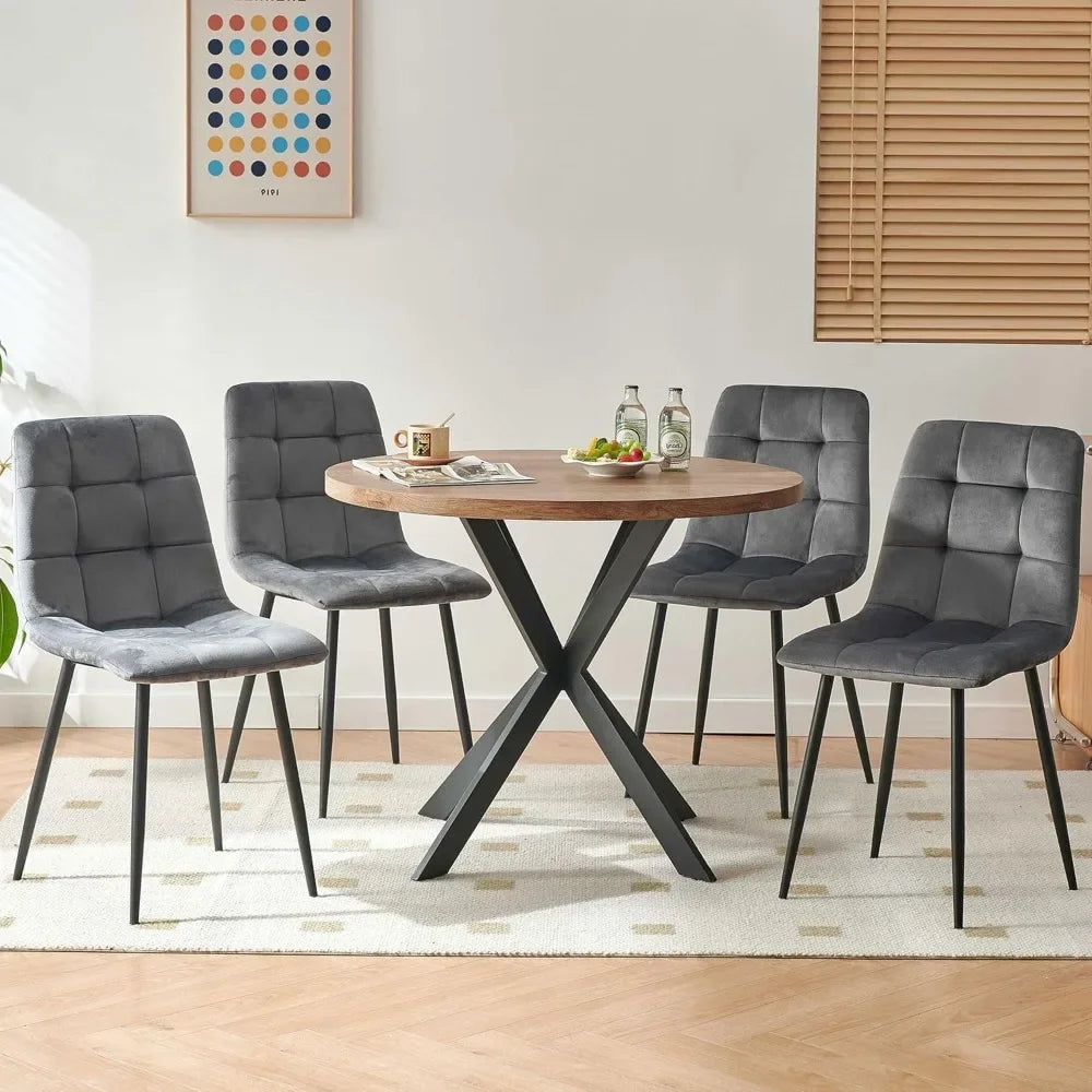 37" Round Dining Table MDF Faux Wood Tabletop, Grey Velvet Dining Chairs Upholstered Side Chair with Back