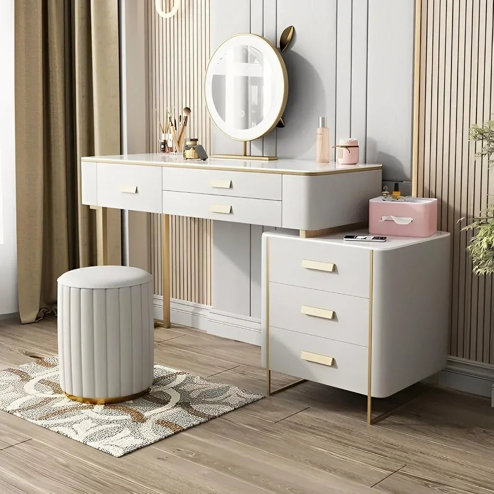 Vanity Desk with Side Cabinet and 6 Solid Wood Drawers, Tempered Glass Desktop Dressing Table, Vanity Desk