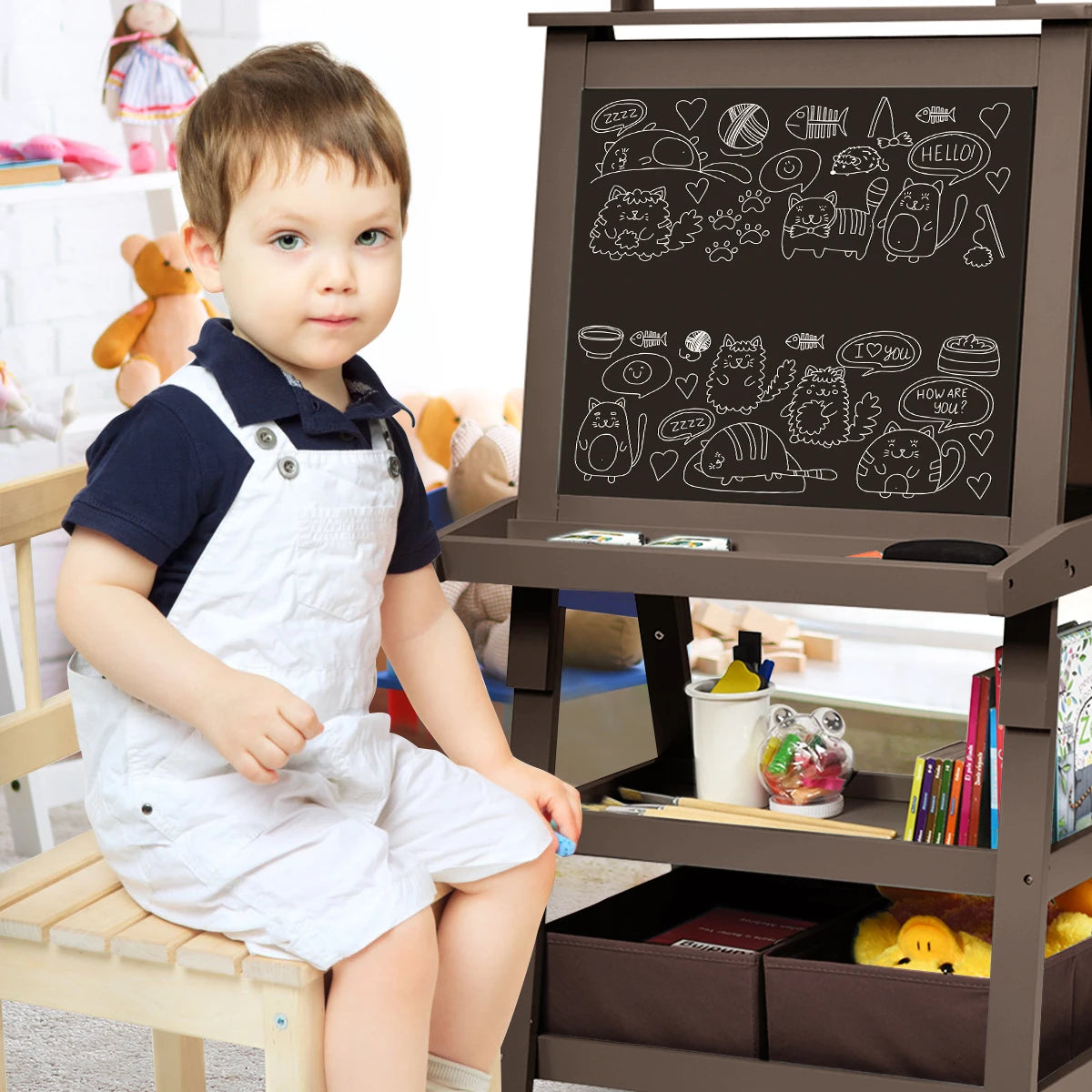 3 in 1 Double-Sided Storage Art Easel w/ Paint Cups for Toddlers Writing Coffee