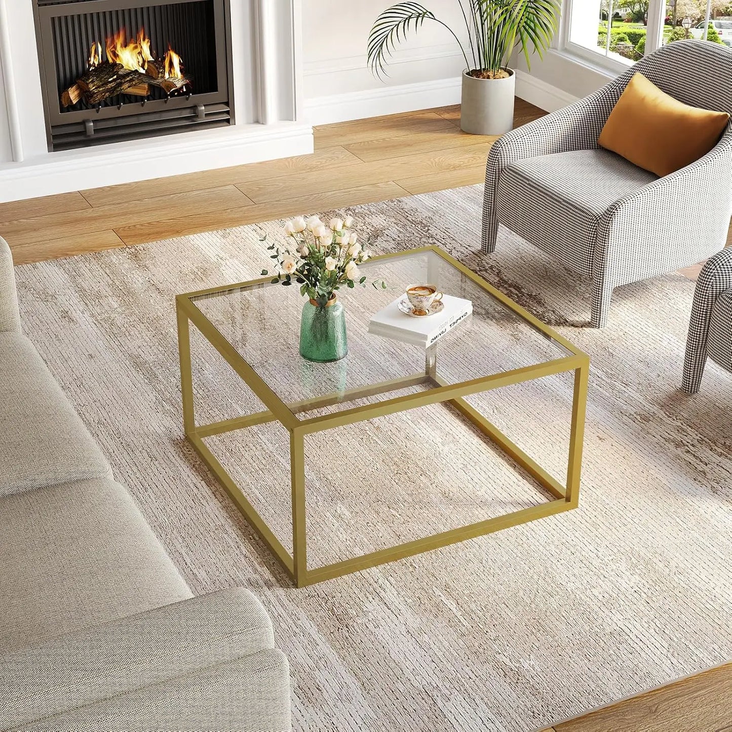 Gold Coffee Table Glass Modern Coffee Tables for Small Space Simple Square Center Table for Living Room