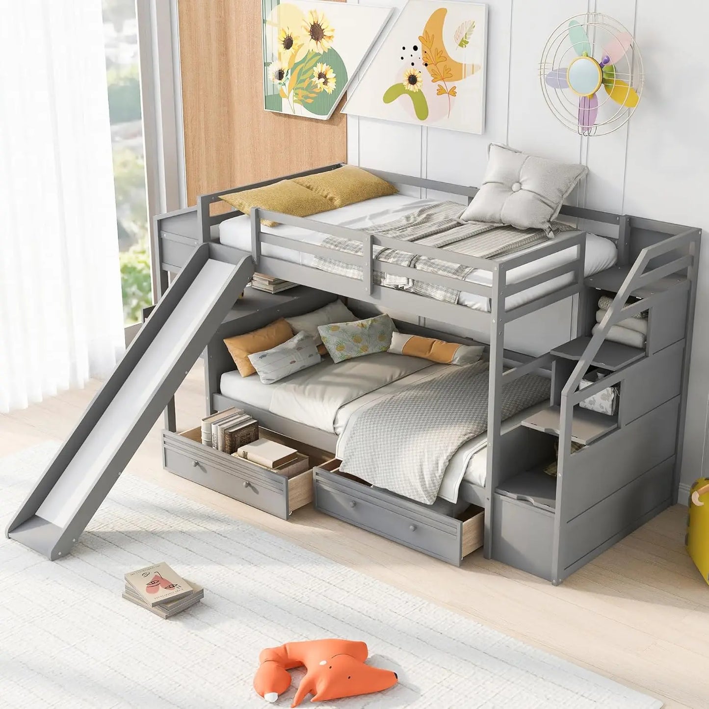 Twin Over Twin Bunk Bed with Stairs and Slide, with Storage Drawers for Kids Girls Boys, Solid Wood Bunk Bed Frame