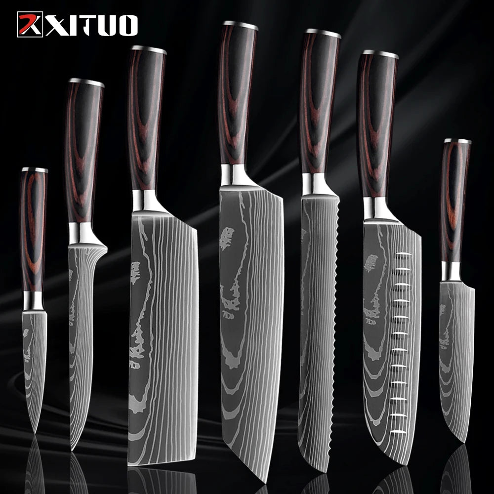 XITUO Kitchen Knife Set 1-9PCS,7Cr17Mov Stainless Steel Sharp Chef Knife Santoku Knife Fruit knife Ergonomic Pakkawood Handle