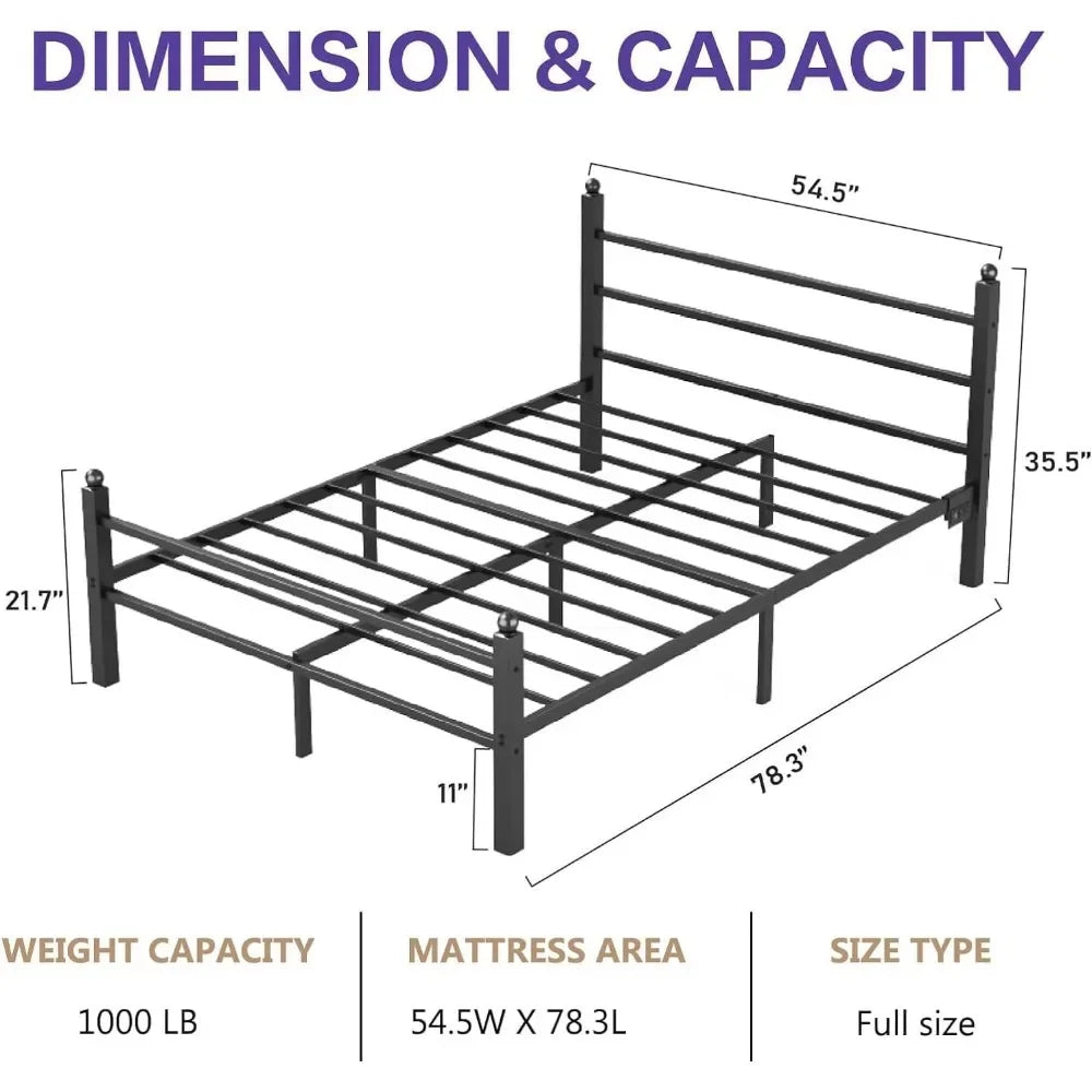 Full Bed Frame with Headboard and Footboard,Heavy Duty Steel Slats Support Metal Bed Frame with Charging Station, Black