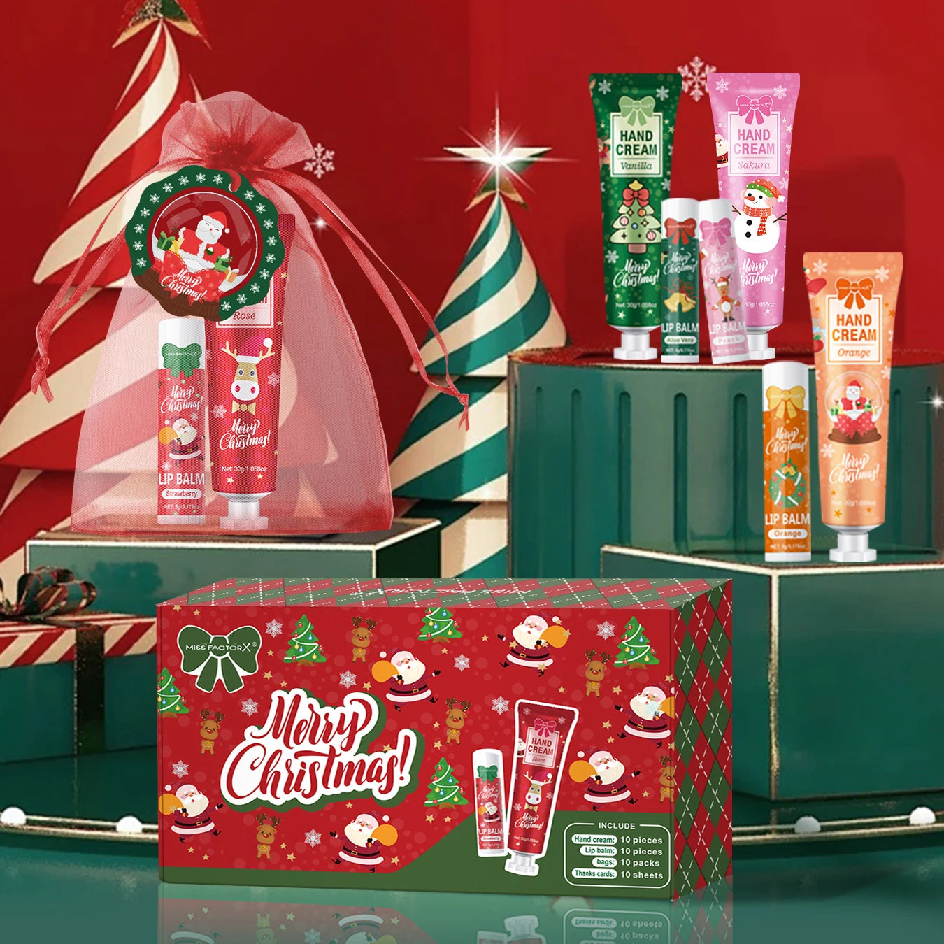 Christmas kit-10 sets/box hand cream kit, lip balm set, with Santa Card and red gift bag, party gift distribution