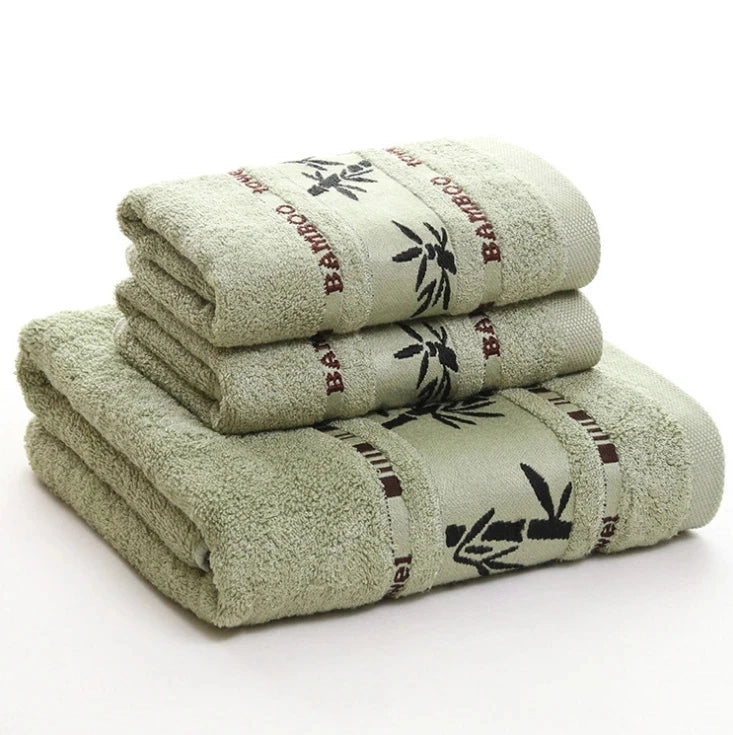 Set of 3 Thicker Bamboo Green Bath Beach Towel Set for Adults Face Hand Sport Towels Bathroom 35cmX75cm*2pcs And 70cmx140cm*1pcs