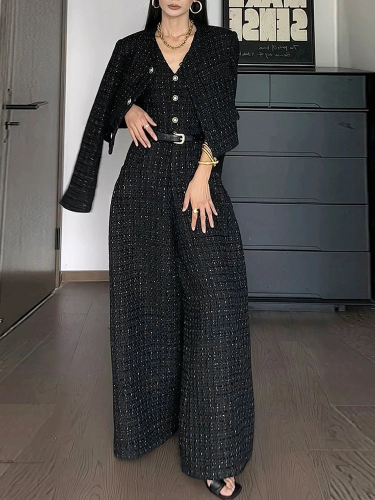 TWOTWINSTYLE Plaid Casual Two Piece Sets For Women V Neck Long Sleeve Coat V Neck Sleeveless High Waist Jumpsuit Chic Set Female