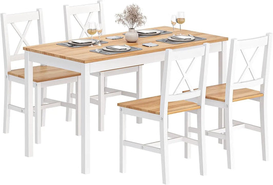 Table Set for 4, 42.5 inch Pine Wood Dining Room Table with 4 Chairs, 5-Piece Kitchen Table Chairs Set for Small Space