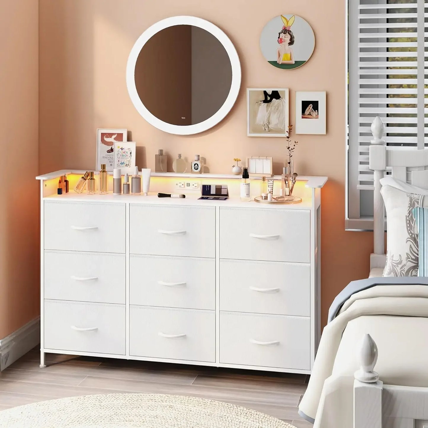 White Dresser with LED Light for Bedroom 9 Drawer Dressers with Charging Station Chests of Drawers for Entryway Closet bedroom