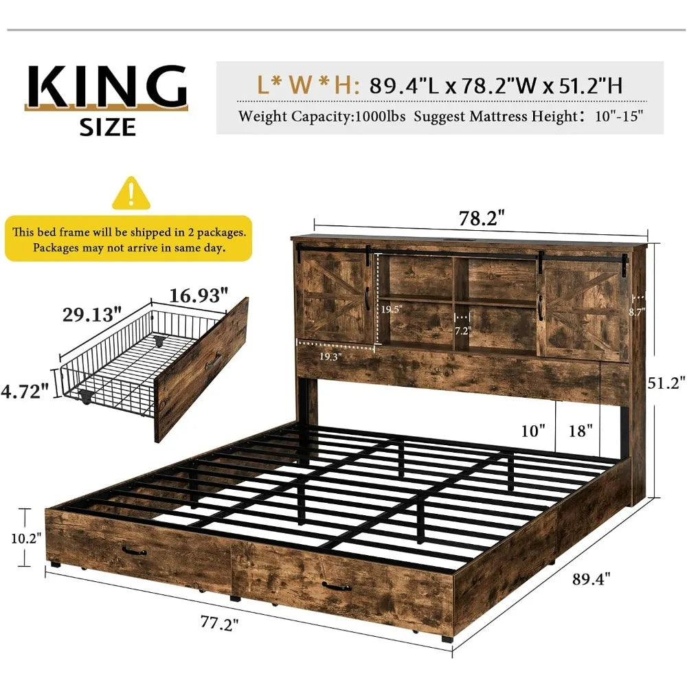 Charging Station/No Box Spring Needed/Noise Free (Rustic Brown Double Beds 2 Drawers Farmhouse Bed Frame King) Bedroom Bunk Twin