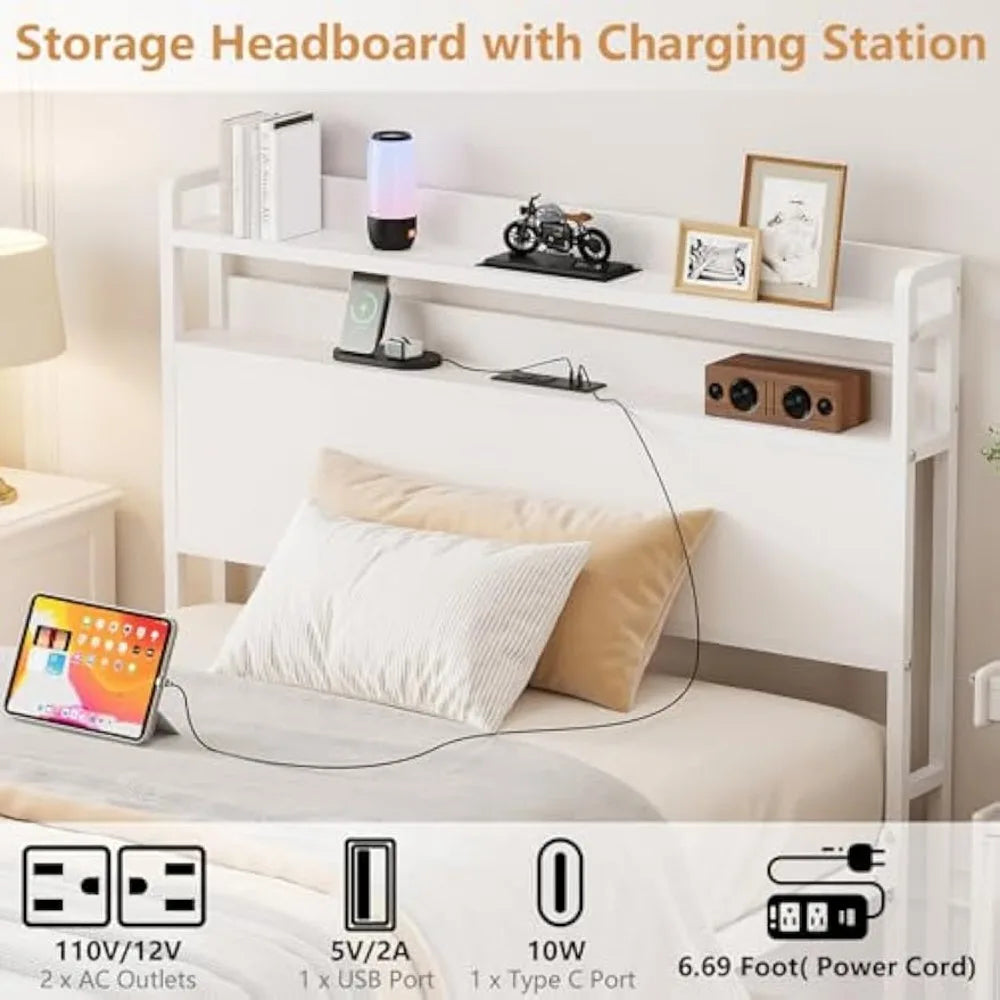 2024 New Twin Bed Frames with Charging Station and Storage Headboard, No Box Spring Needed, Noise Free, Easy Assembly