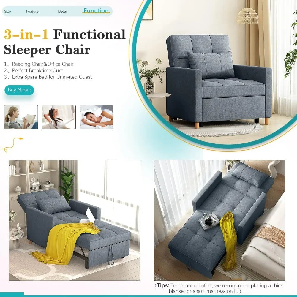 Sleeper Chair, 3 in 1 Convertible Chair Bed for Adults, Pull Out Sofa Bed with Pillow and Adjustable Backrest,Living Room Chairs