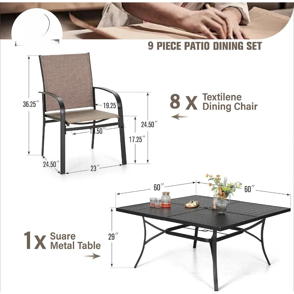 9 Pieces Patio Dining Set,8 X Brown Textilene Dinings Chair and 60" Square Metal Dining Table, Outdoor Table and Chairs Set