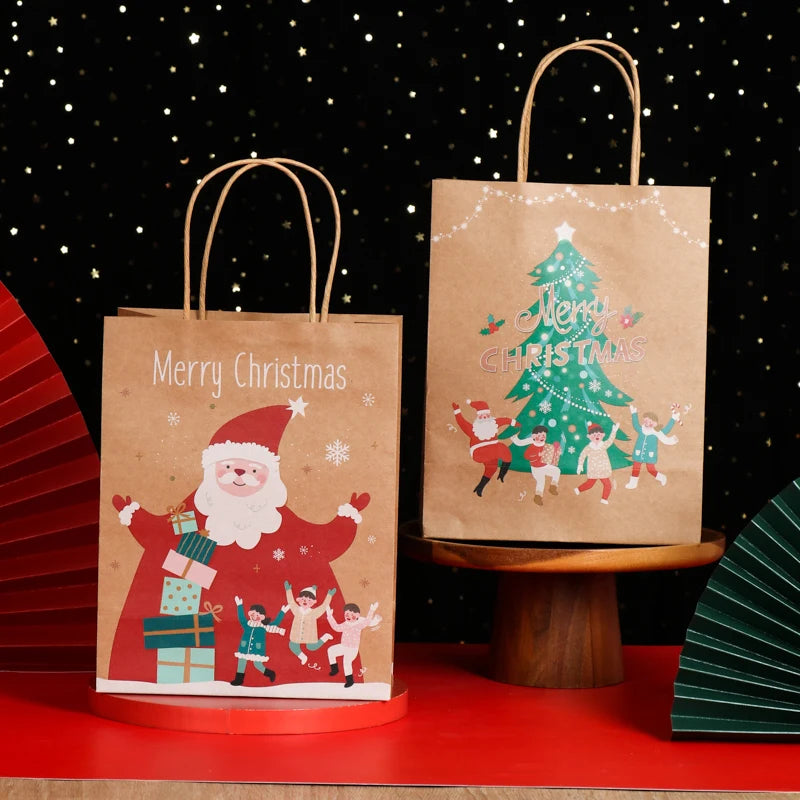 10pcs Christmas handbag New kraft paper bag Bread bag Kraft candy bag Holiday gift bag Christmas wrapping paper