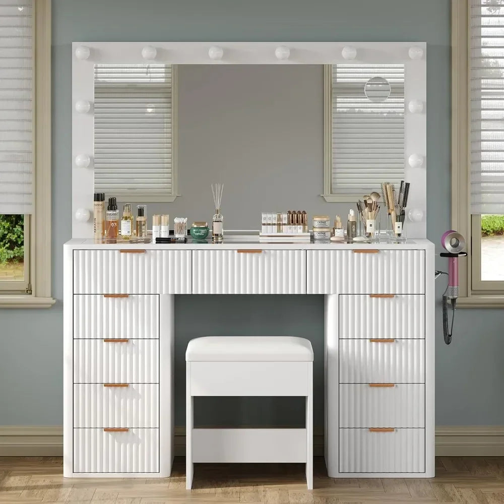 Vanity Desk with Power Outlet, Fluted Makeup with Lighted Mirror, Glass Top, Vanity Table with Chair, Vanity Desk