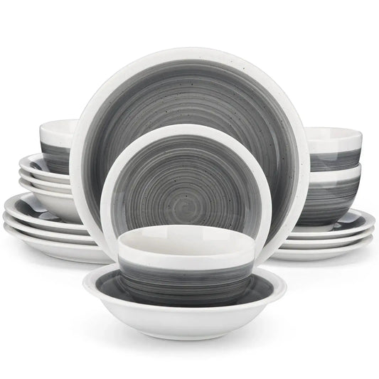 VANCASSO ORI 16/32 Piece Grey Color Stoneware Tableware Set with Dinner/Dessert Plate Cereal/Pasta Bowl  For 4/8 Person